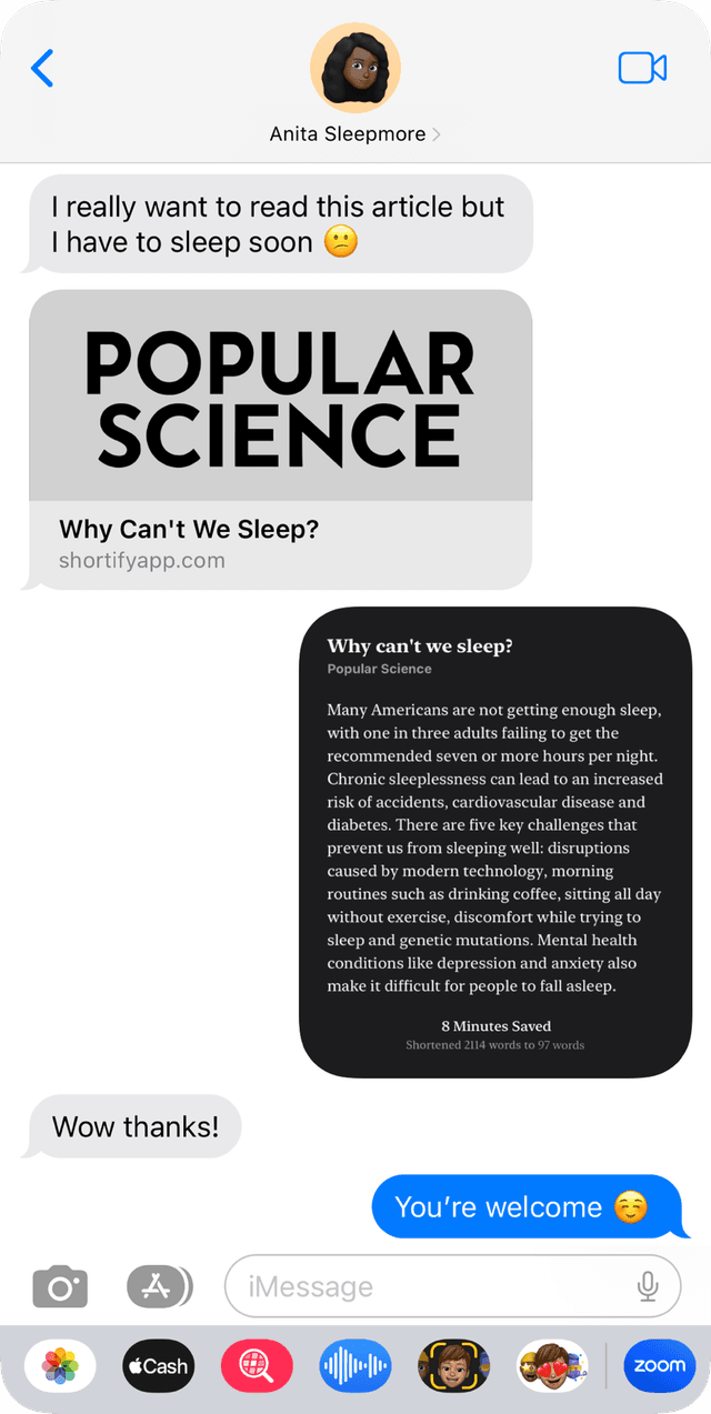 A text message conversation between two people. One is trying to get to sleep but wants to read a long article. The other responds with the summary of the article.