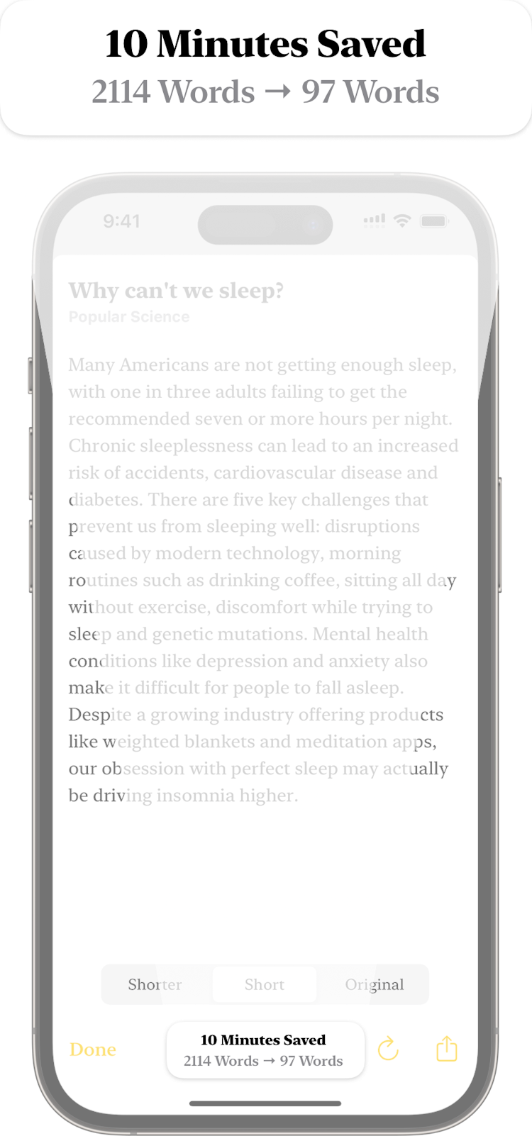Image showing 2000 words being funneled into the Shortify icon and 97 words coming out. The article is about lack of sleep.