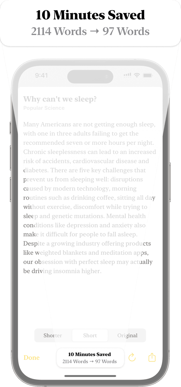 Image showing 2000 words being funneled into the Shortify icon and 97 words coming out. The article is about lack of sleep.