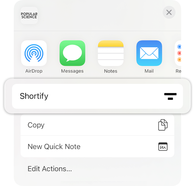 The Share menu in iOS, with the Shortify option highlighted.