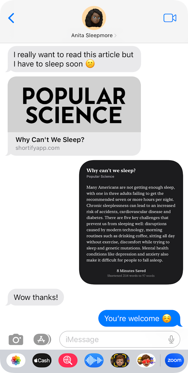A text message conversation between two people. One is trying to get to sleep but wants to read a long article. The other responds with the summary of the article.