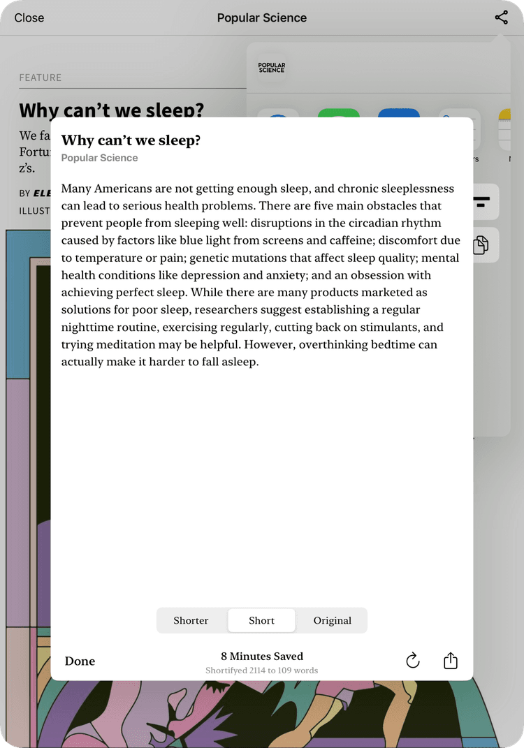 iPad screenshot that shows the summary of an article